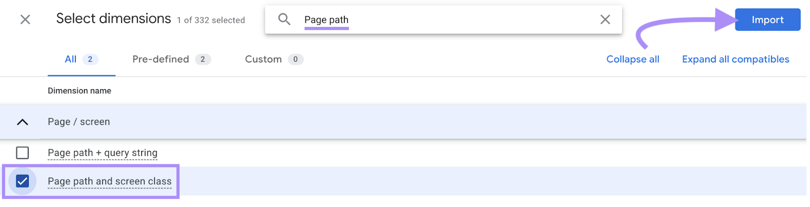 Importing the “Page path and screen class” dimension