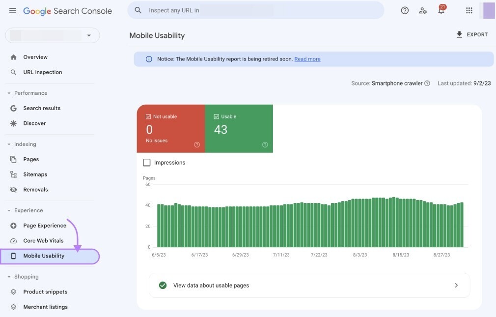 Graphique "Utilisation mobile" dans Google Search Console