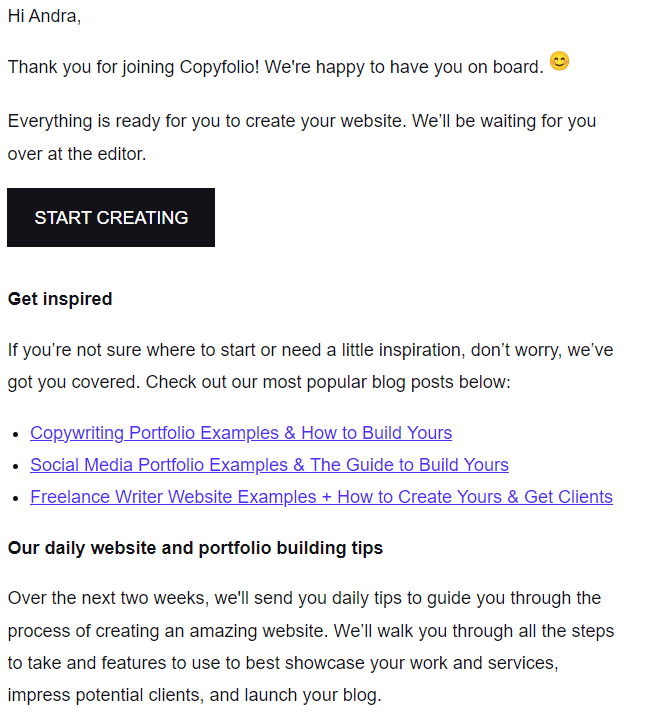 copyfolio's onboarding email