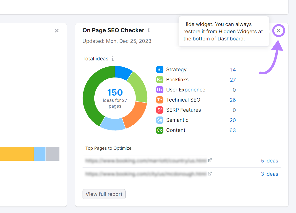 A message on Project Dashboard that reads "Hide widgets. You can always restore it from Hidden Widgets at the bottom of Dashboard."