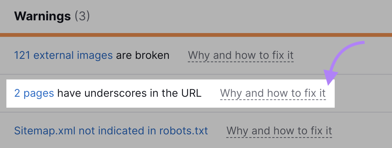 Warnings section in Site Audit tool