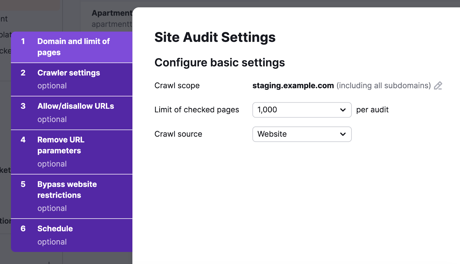 Site Audit tool basic settings, including crawl score, limit of checked pages, and crawl source