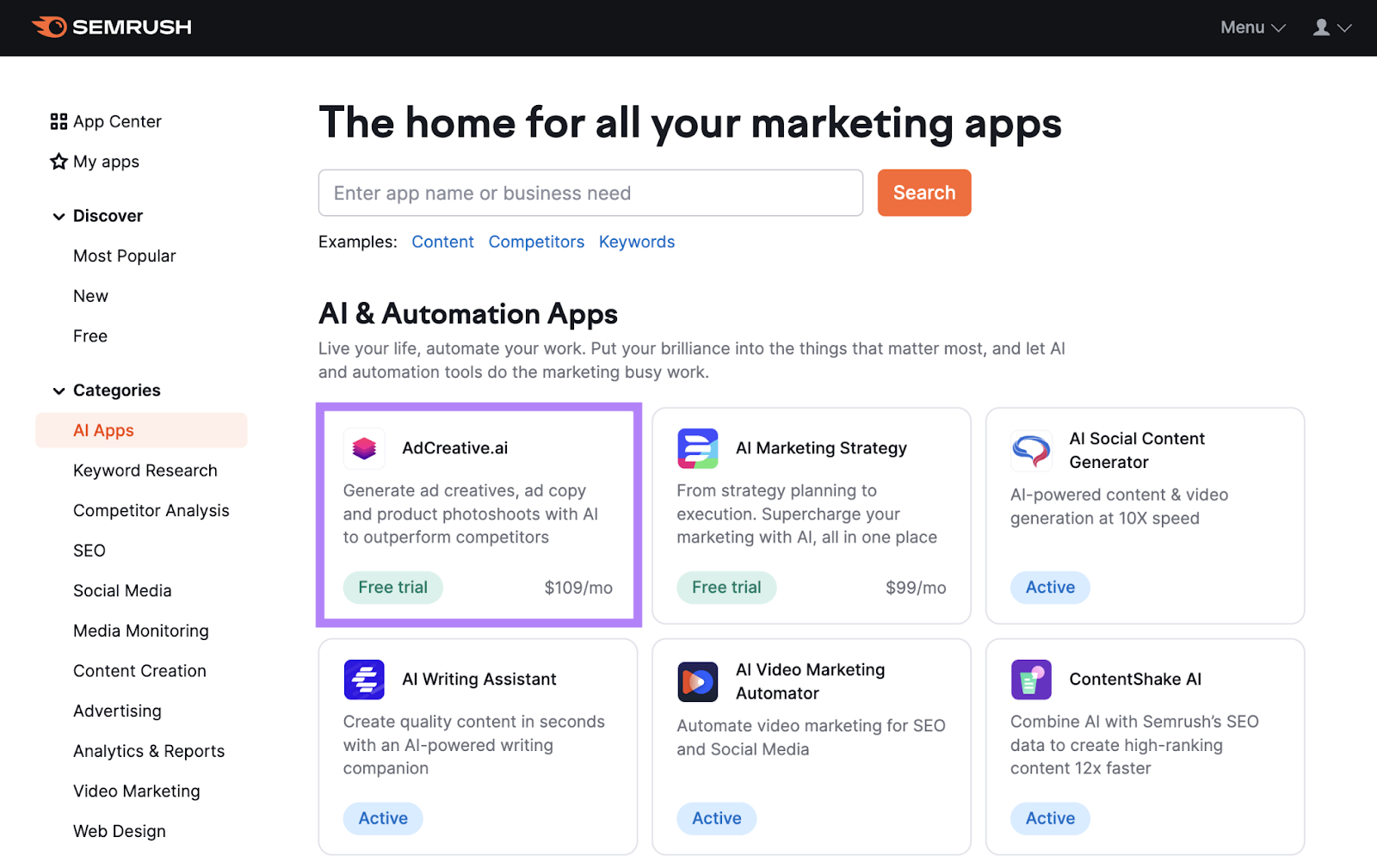 Semrush App Center webpage with AI Apps menu open and AdCreative.ai displayed