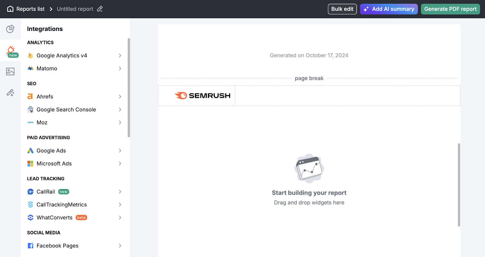 Semrush My Reports editor shows integrations with external marketing tools for analytics, SEO, paid advertising, lead tracking, and more