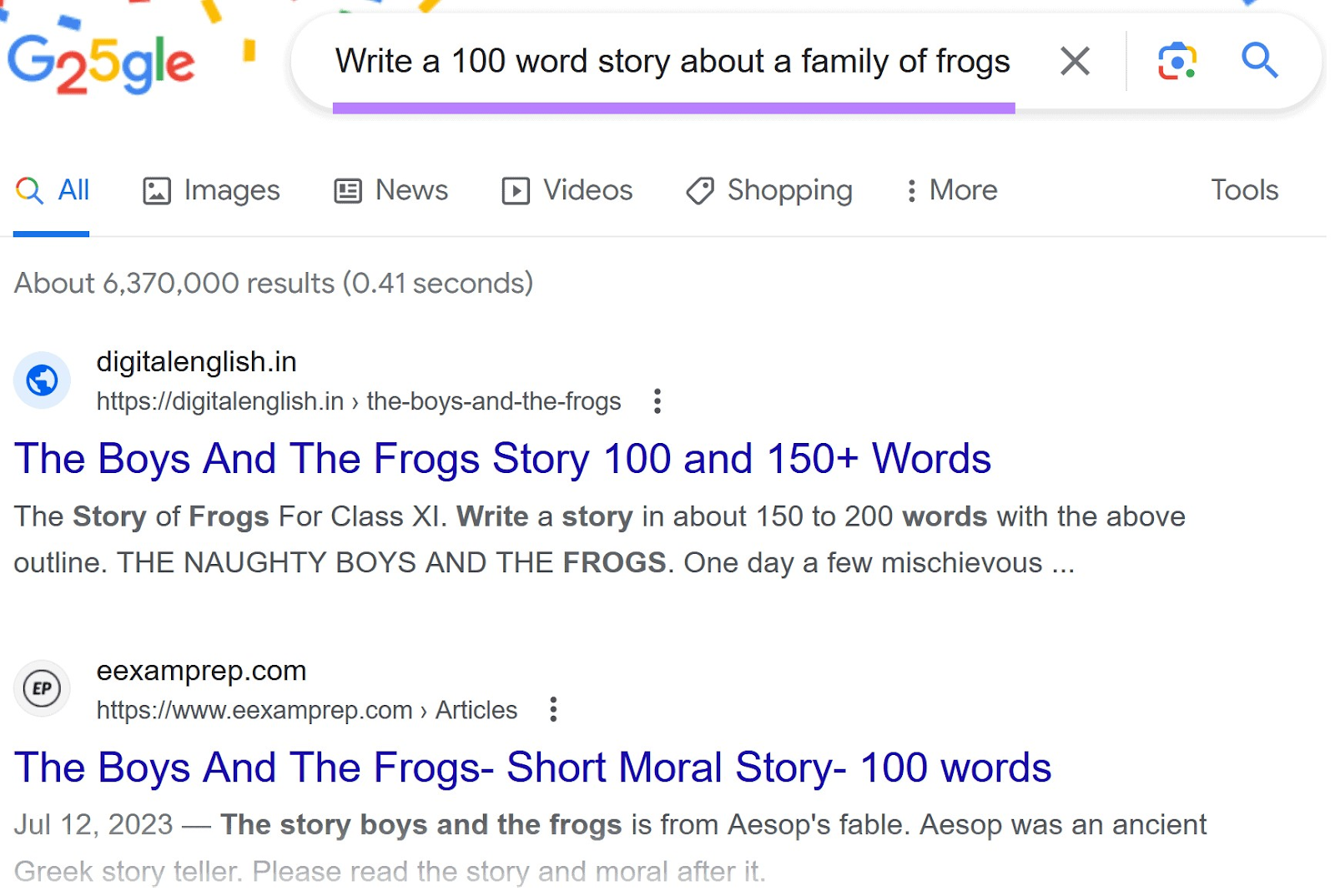 Google SERP for "Write a 100 word story about a family of frogs"