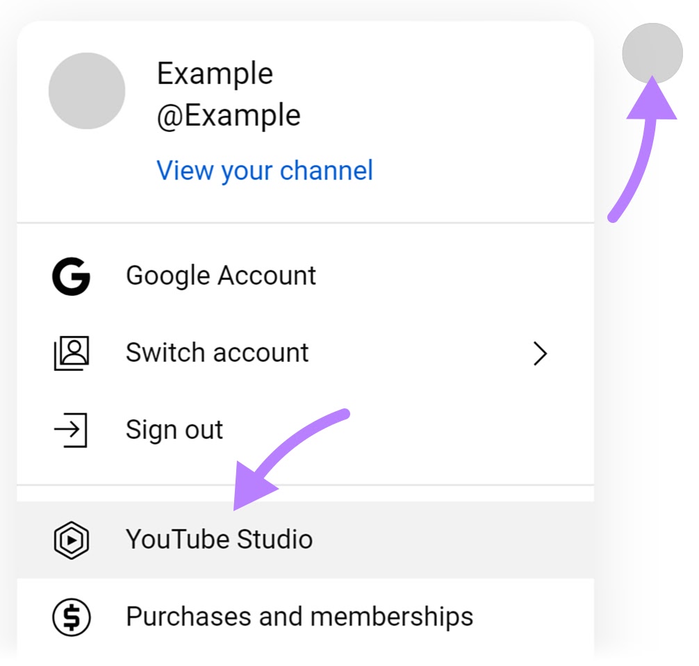 "YouTube Studio" highlighted in menu