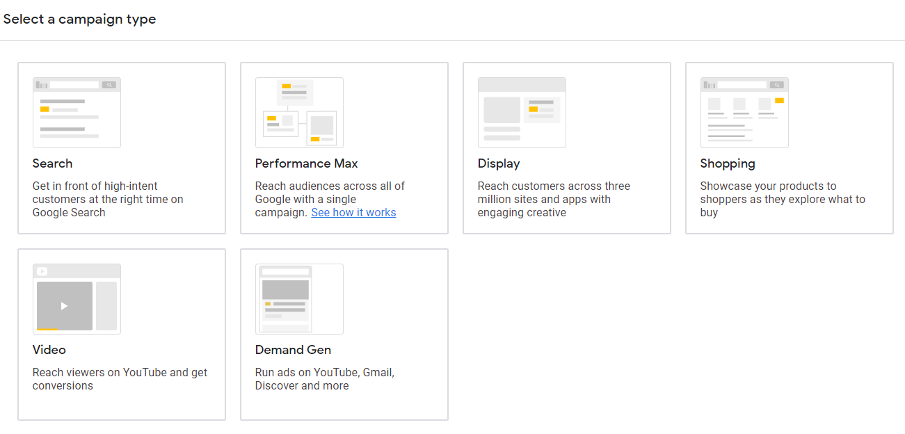 "Select a campaign type" section in Google Ads