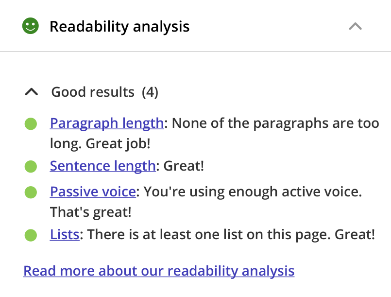"Readability analysis" section in Yoast SEO