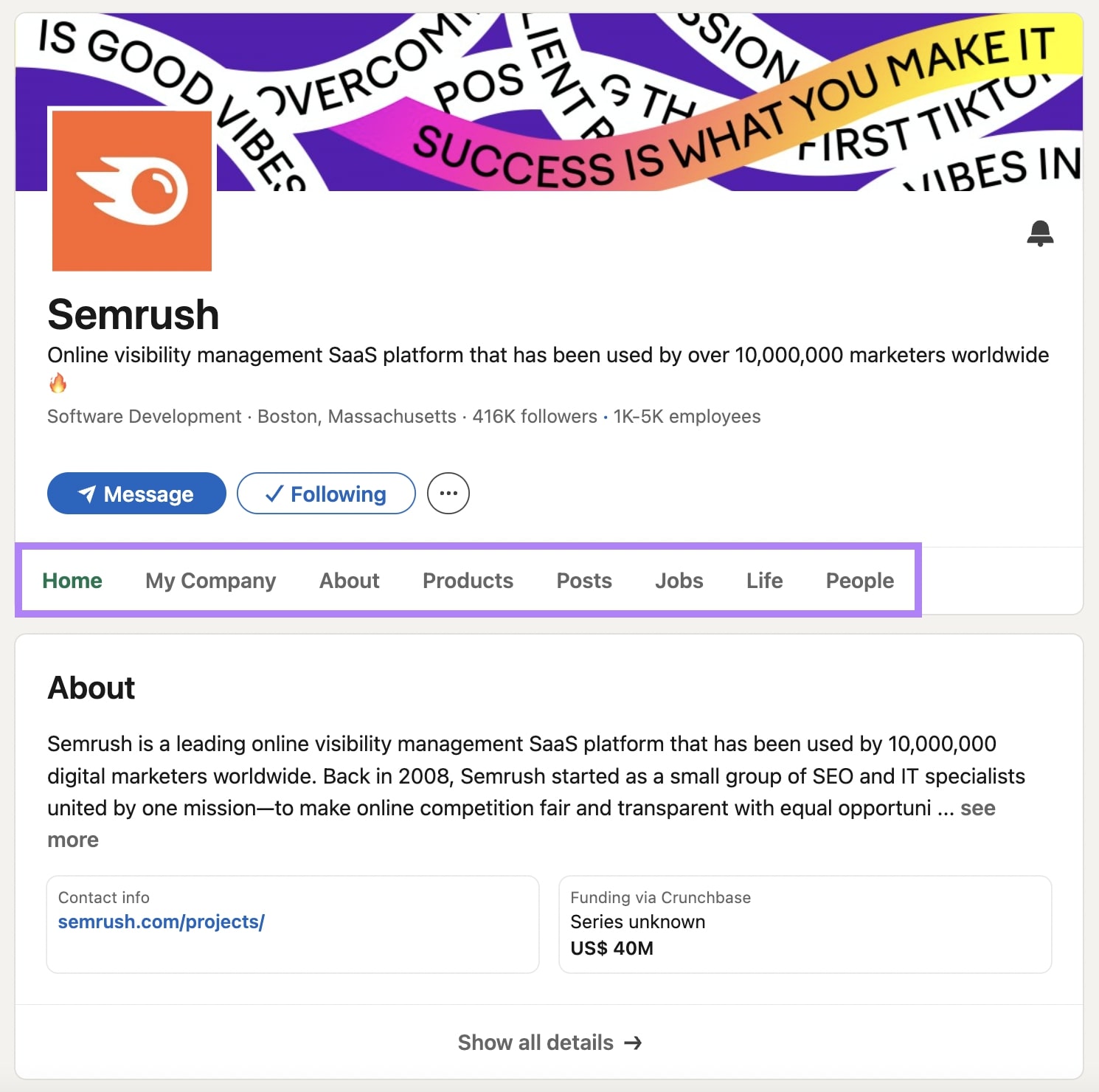 LinkedIn business page of Semrush with Home, About, Products, Posts, Jobs, Life and People tabs highlighted