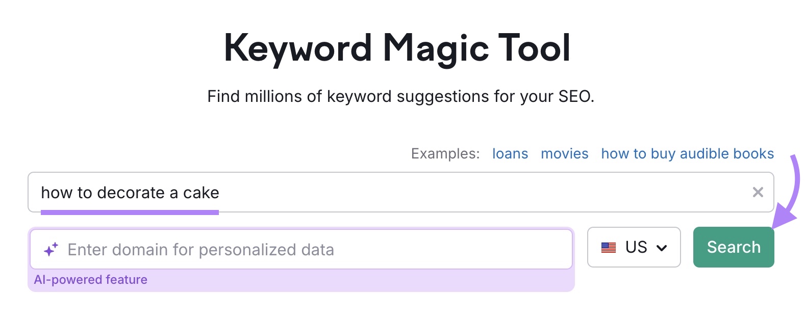 What They Are & How to Earn Them 12 Keyword Magic Tool start with the "how to decorate a cake" entered as the term and "Search" clicked.