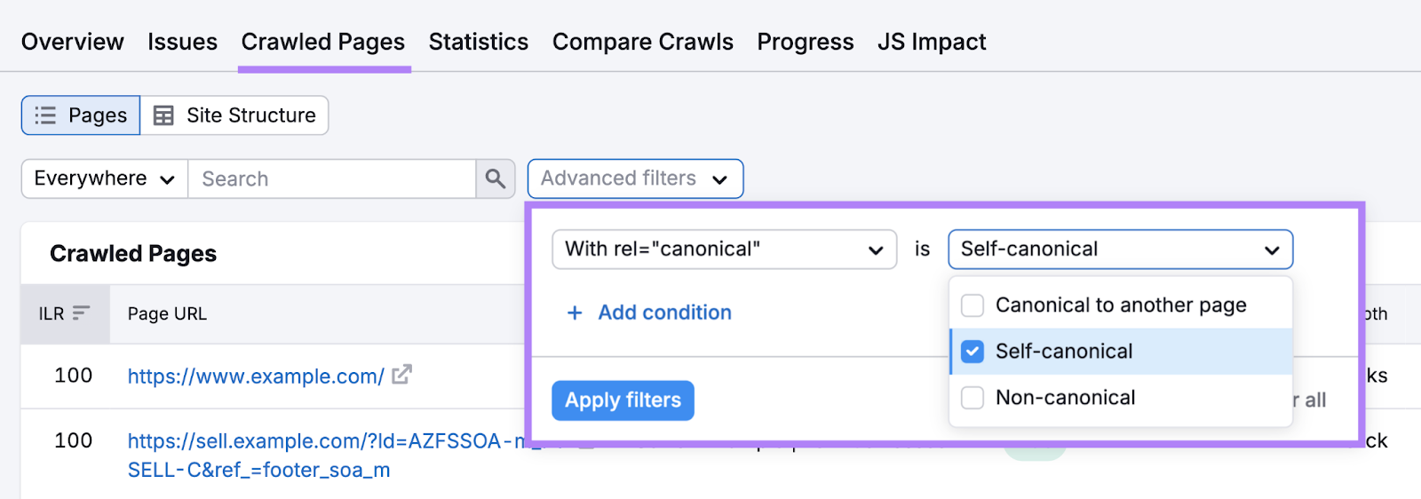 Under Crawled Pages, advanced filters, choose with rel="canonical" is self-canonical.