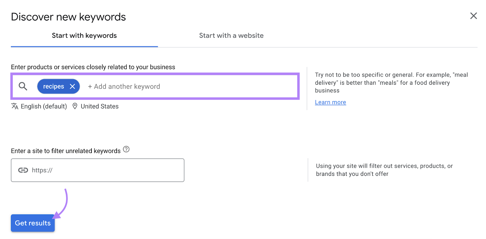 keyword "recipes" entered into Keyword Planner