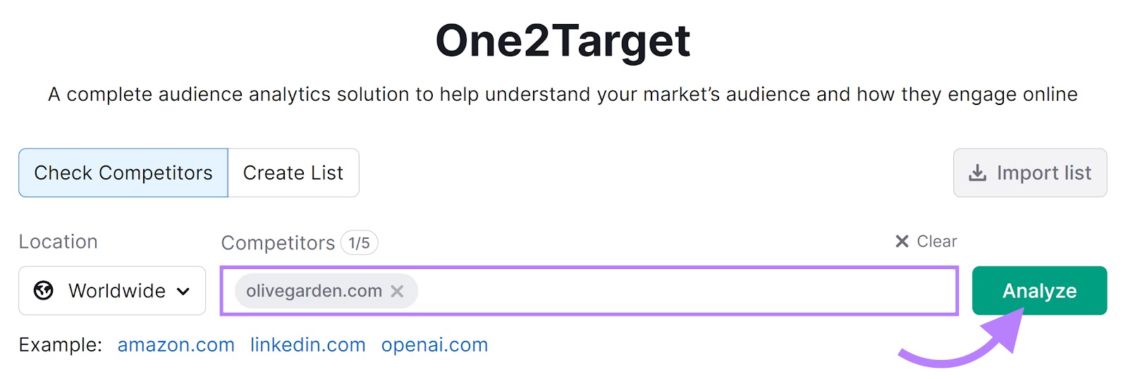 One2Target tool with "olivegarden.com" in the "Competitors" field and an arrow pointing to the "Analyze" button.