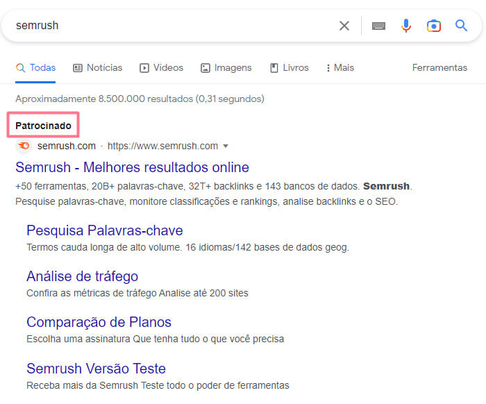 Como Descobrir Estratégias Publicitárias de Seus Concorrentes com a Semrush 1 screenshot da SERP mostrando link patrocinado para a busca por "semrush"