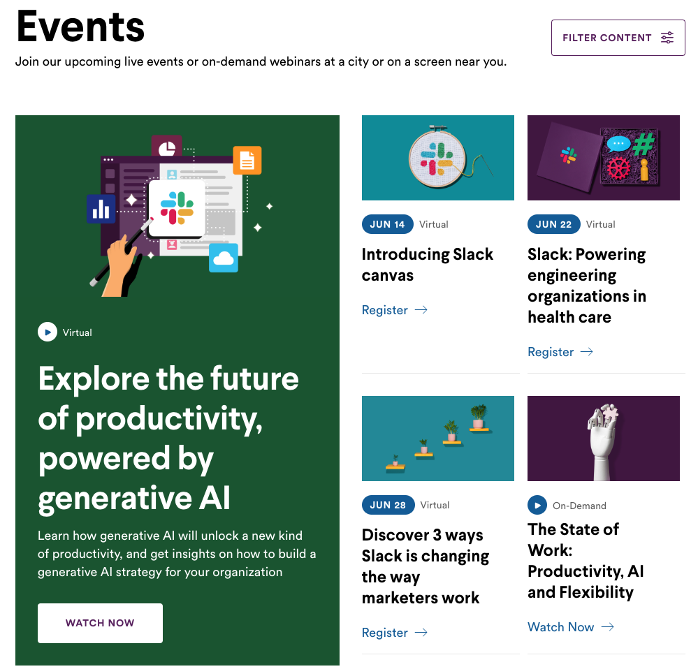 Slack's B2B events page showing on-demand and virtual webinars