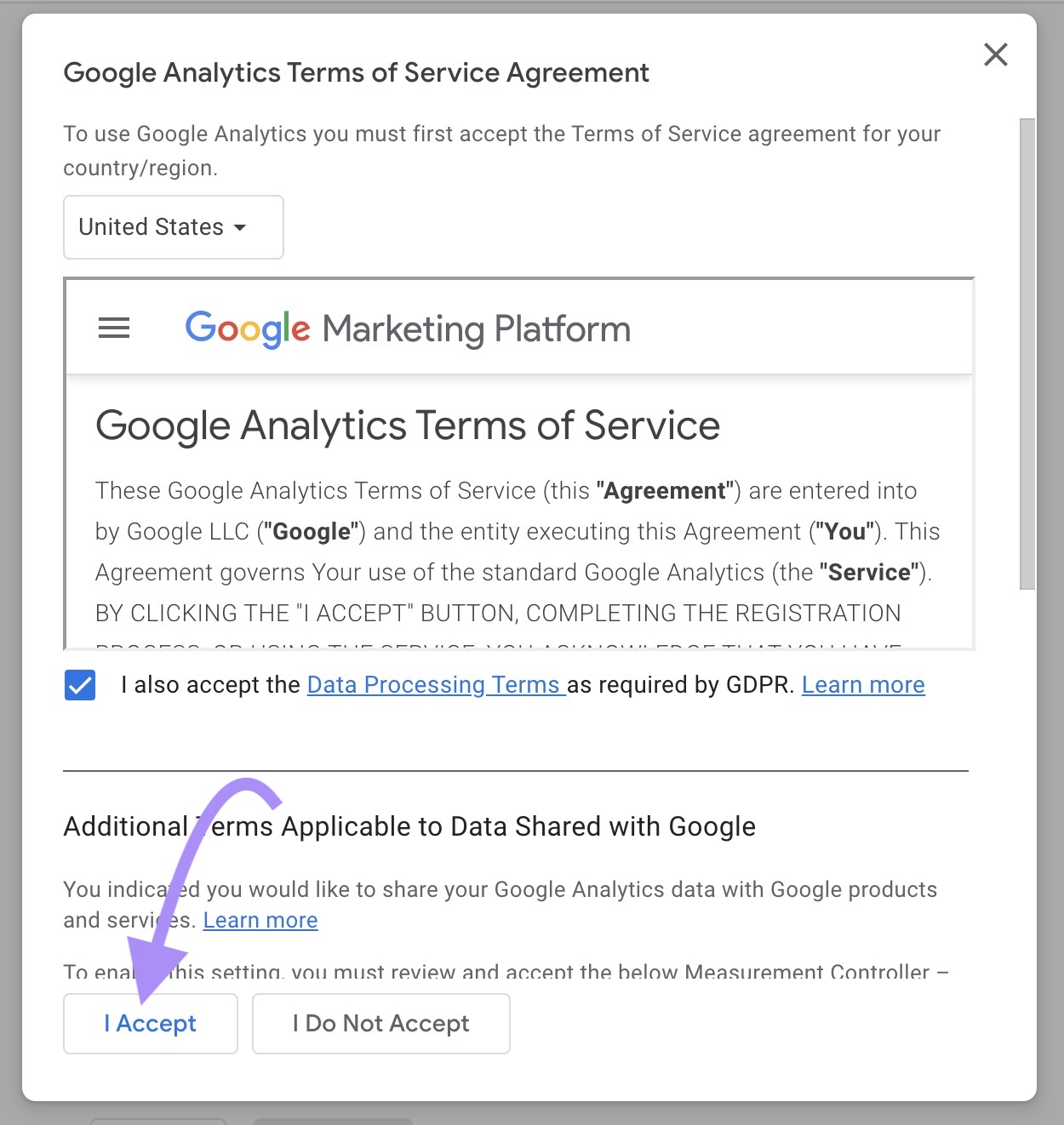 Accept Google Analytics terms of service agreement