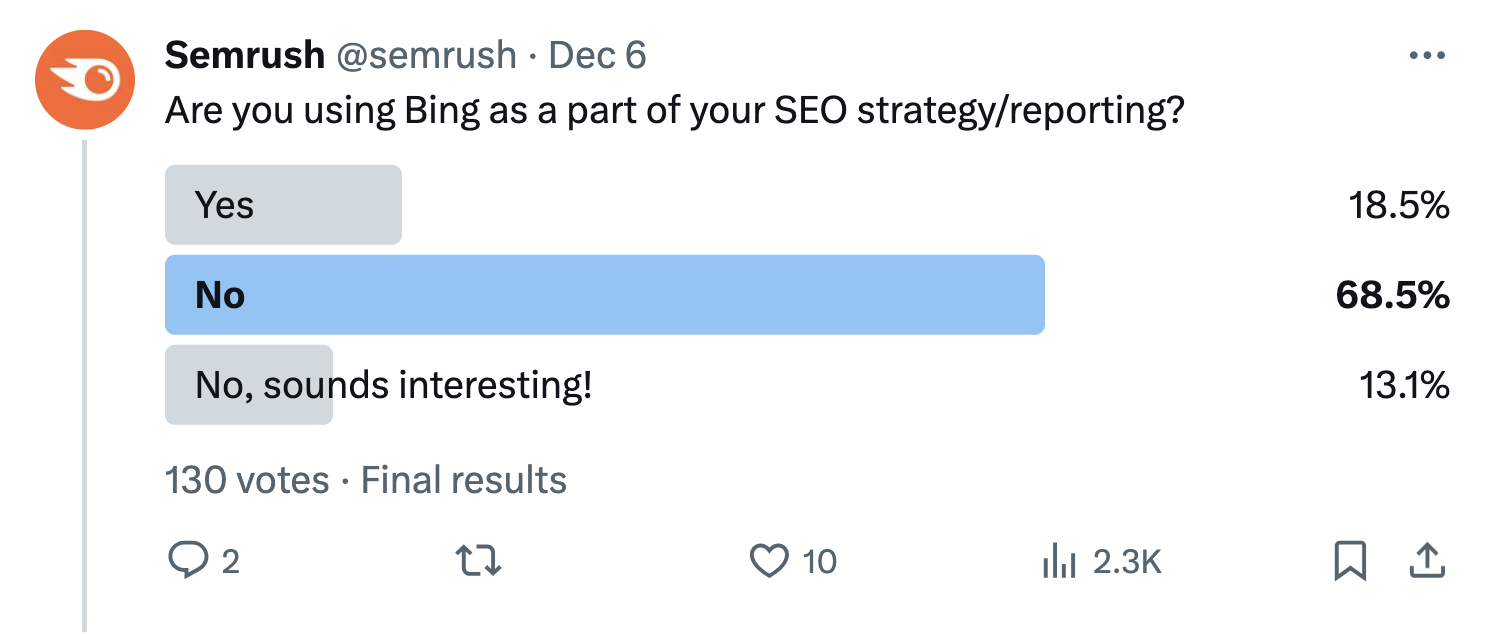 Semrush's quiz question that reads "Are you using Bing as part of your SEO strategy/reporting?"