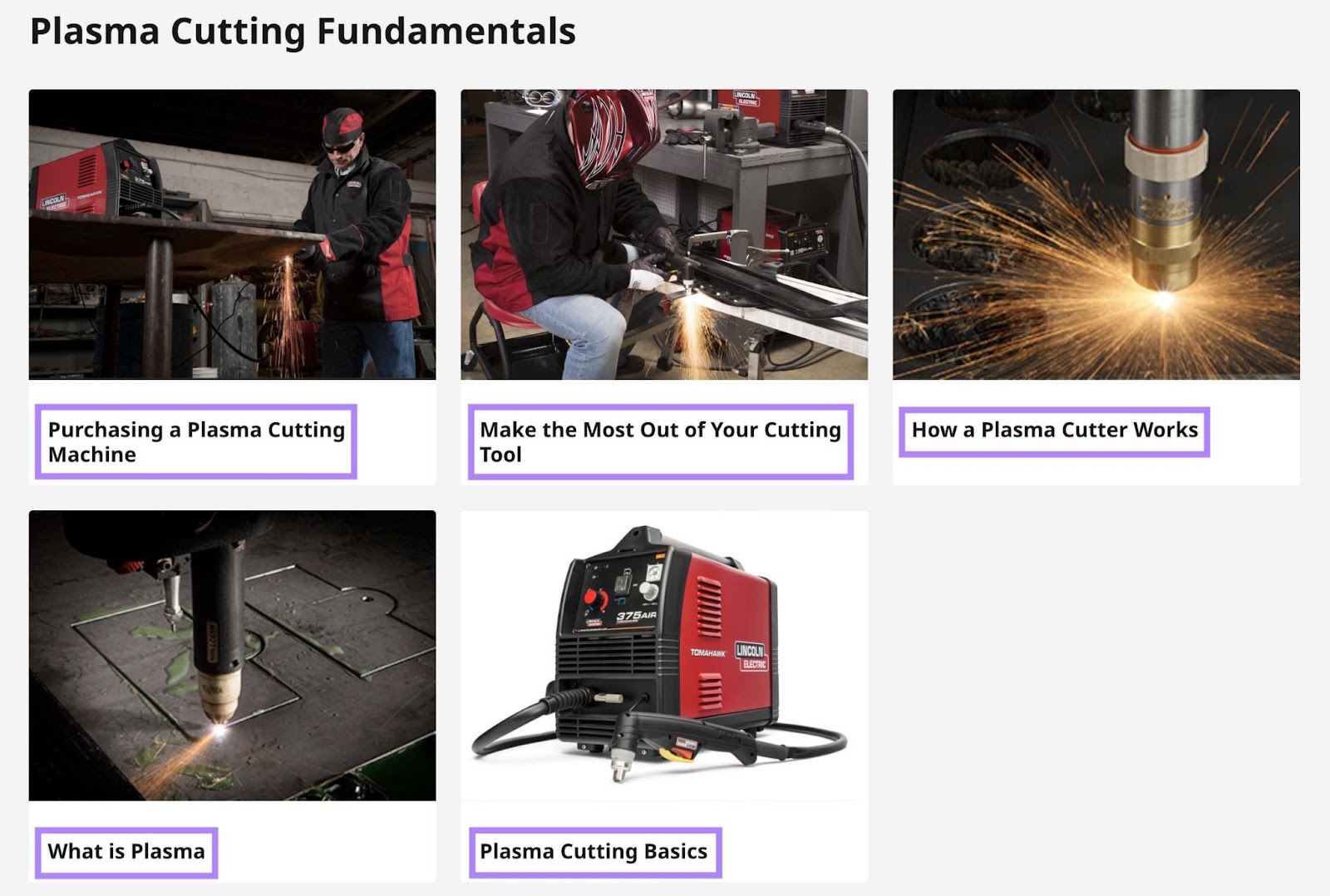 A pillar page for plasma cutting fundamentals that internally links to relevant pages by Lincoln Electric.