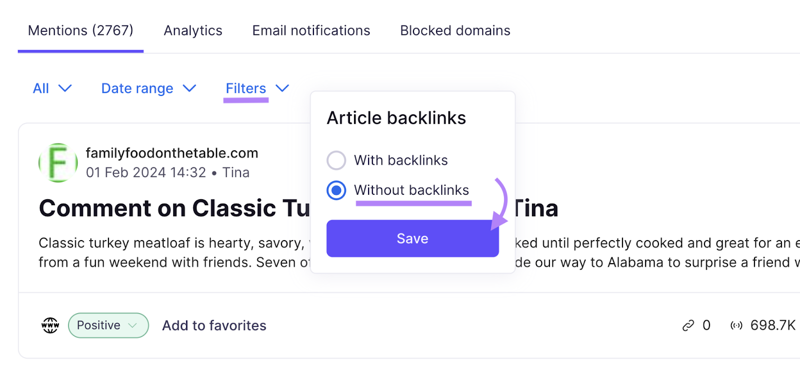 Filtering for articles without backlinks under "Mentions" report in Brand Monitoring app
