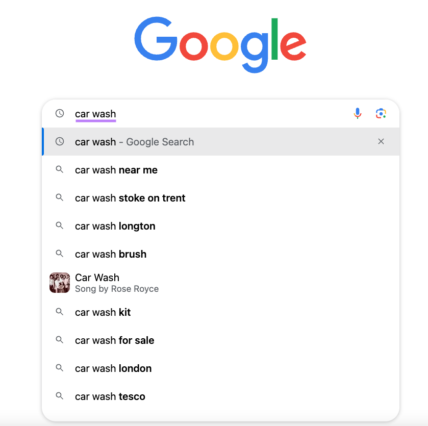 Google autocomplete suggestions for "car wash"