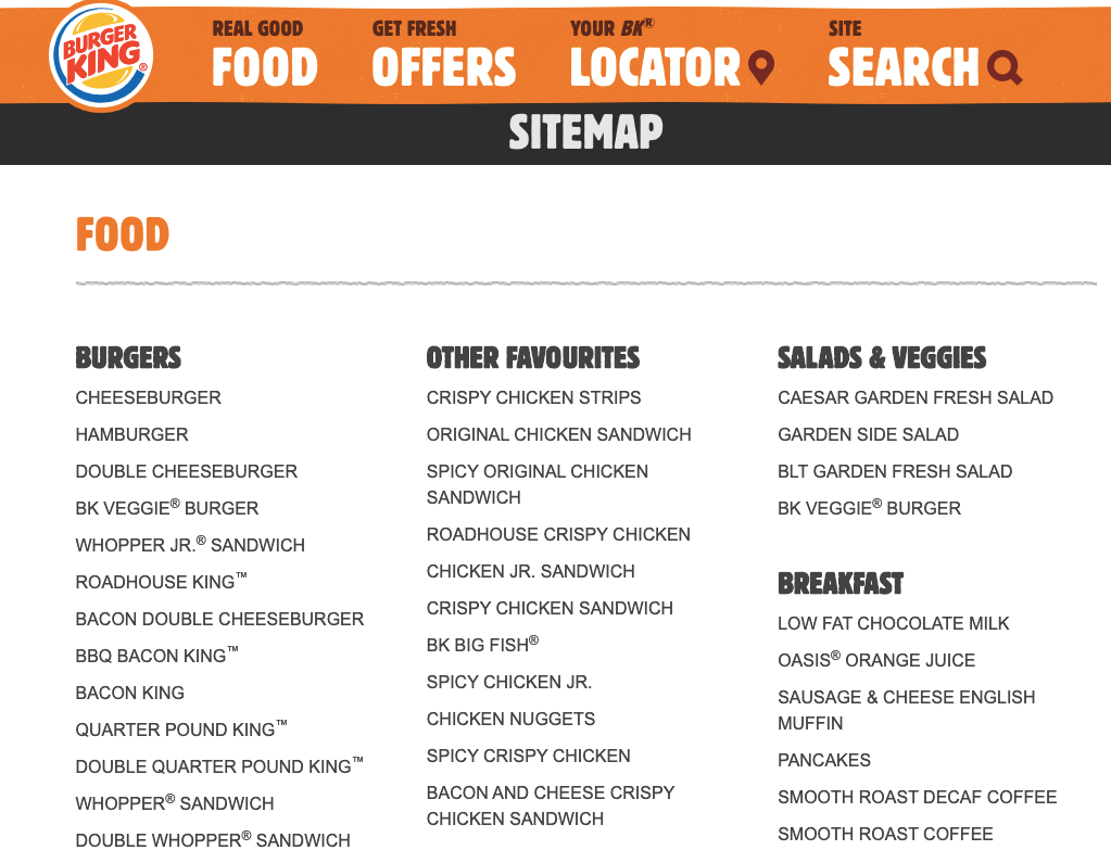 Burger King Canada sitemap