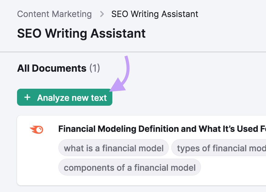 "+ Analyze new text" button selected under SEO Writing Assistant