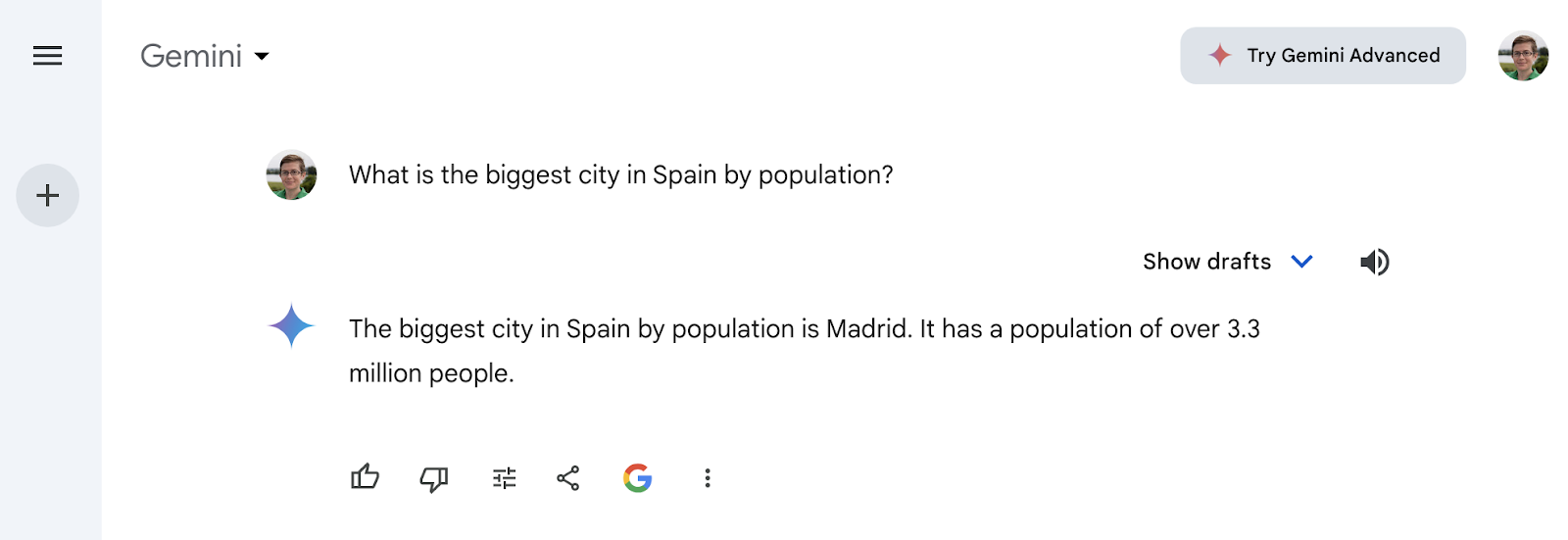 Gemini chatbot response to the question 'What is the biggest city in Spain by population?'