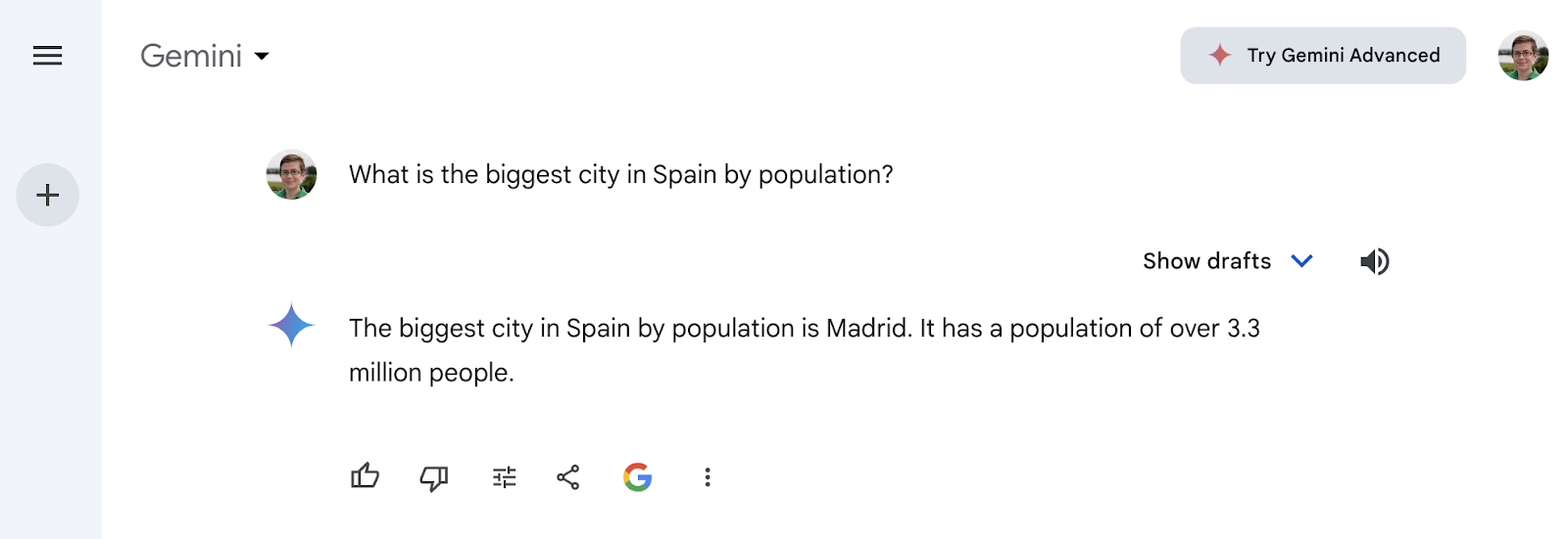 Gemini chatbot effect   to the question   'What is the biggest metropolis  successful  Spain by population?'