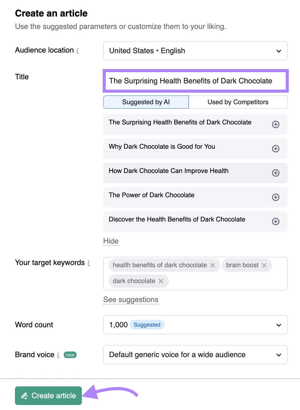 "TitleI input box highlighted and "Create article" clicked.on ContentShake AI.