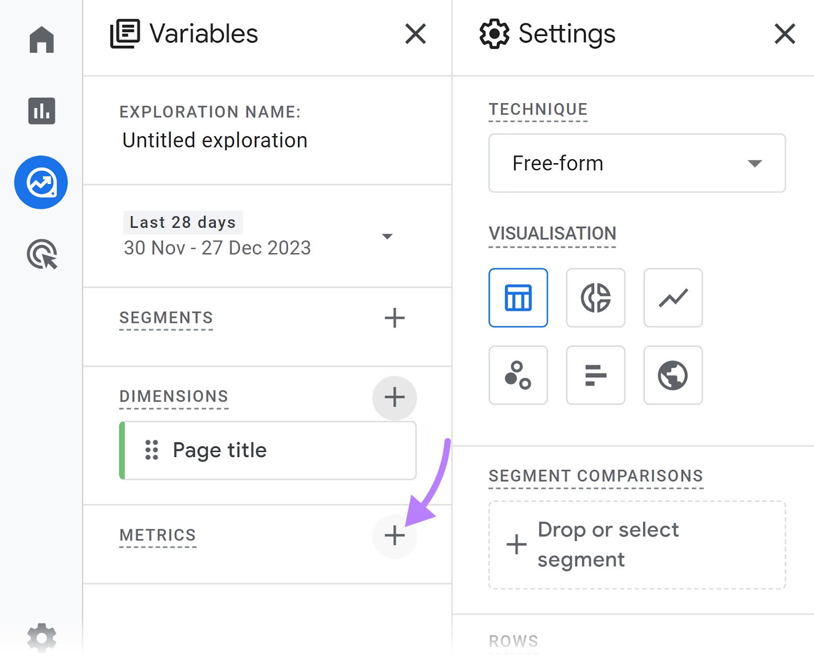 Icono "+" resaltado junto a "METRICS".