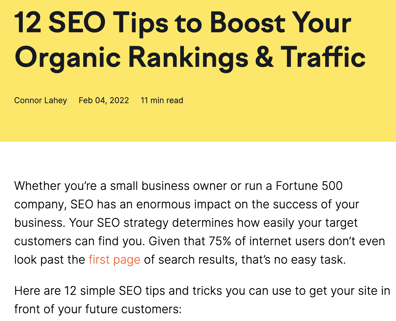 "12 SEO tips to boost your organic traffic & rankings" blog