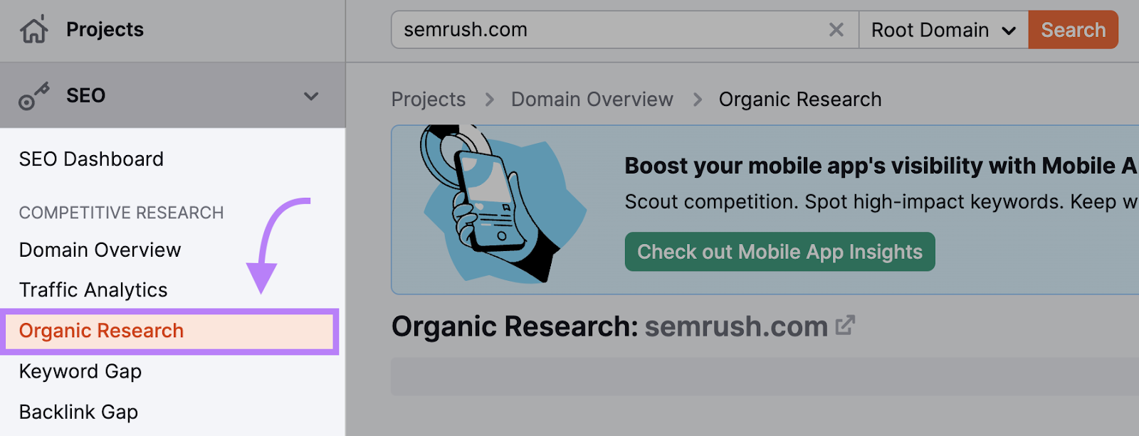 Navigating to "Organic Research" in Semrush.com’s left-hand menu
