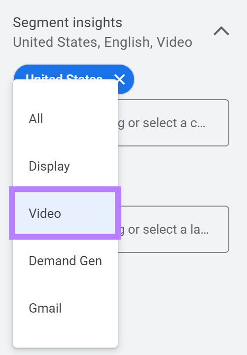"Video" selected under campaign type under “Segment insights” section