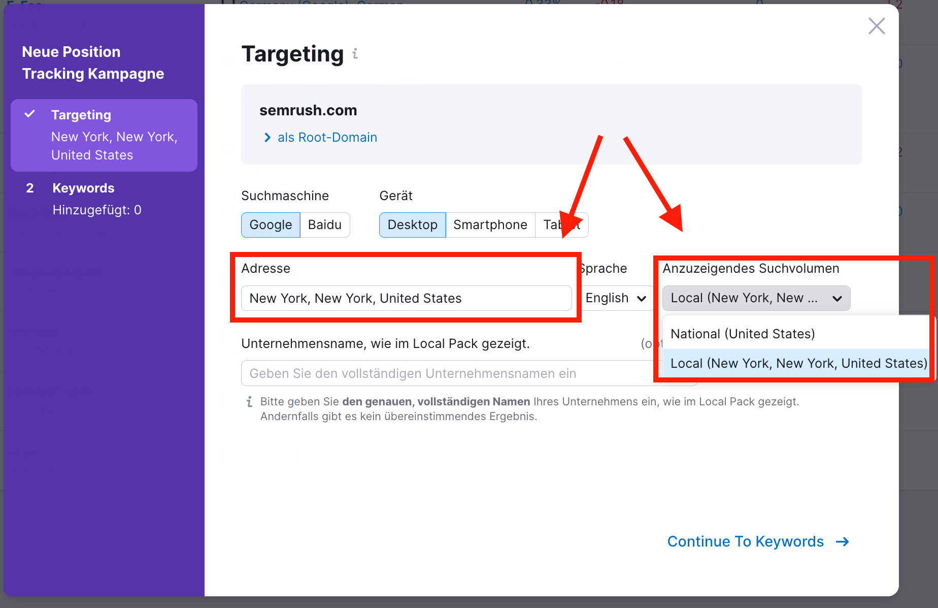 Semrush Position Tracking Kampagne anlegen