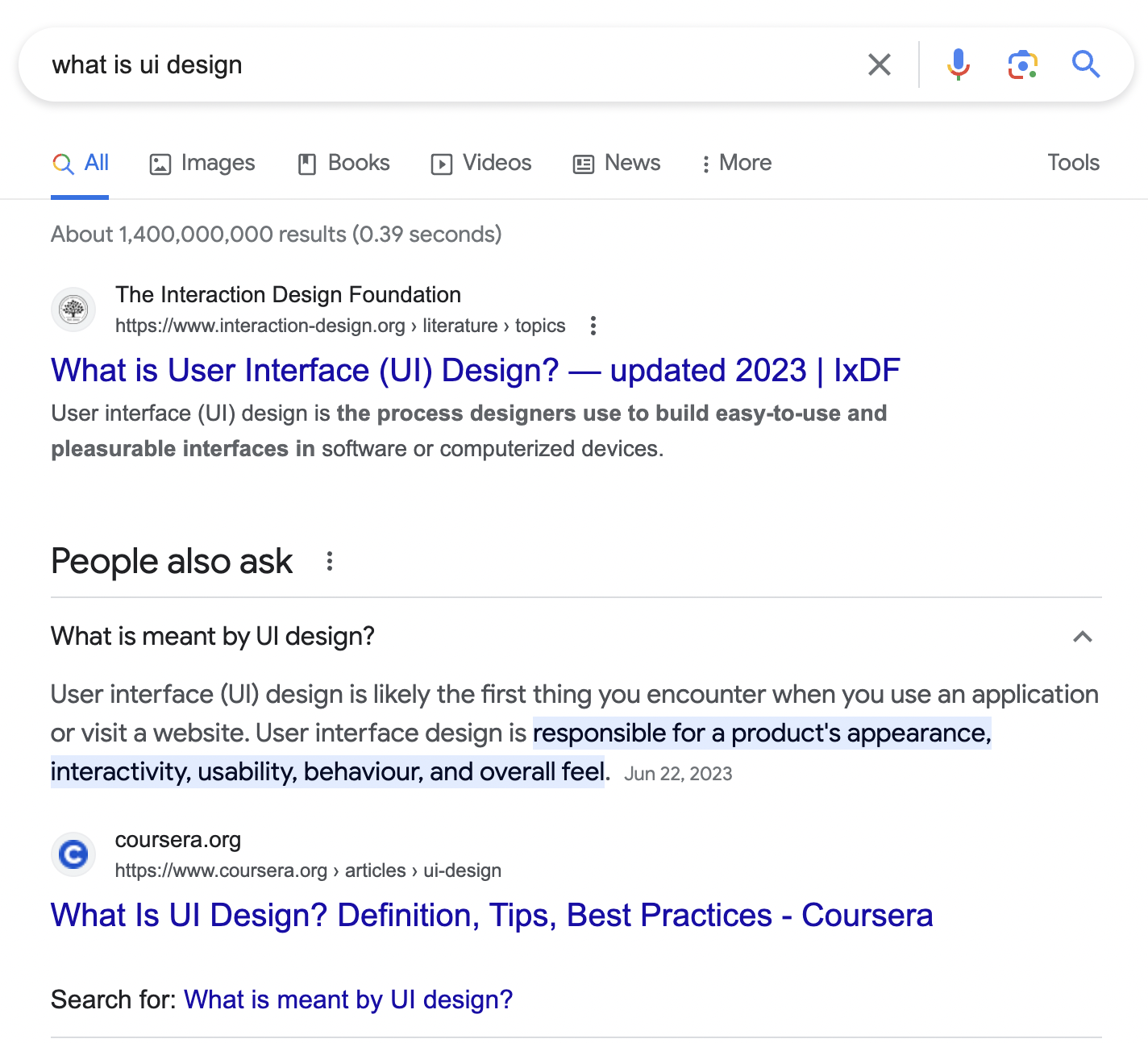 Google's top result for “what is ui design” query
