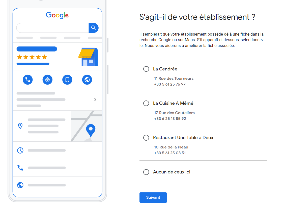 Google Business Profile - ajouter une adresse, suggestions d'établissements