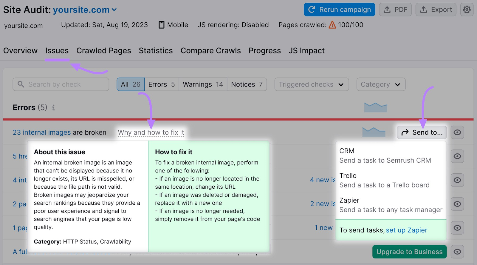 an example of "why and ،w to fix it" section in the “Issues” report