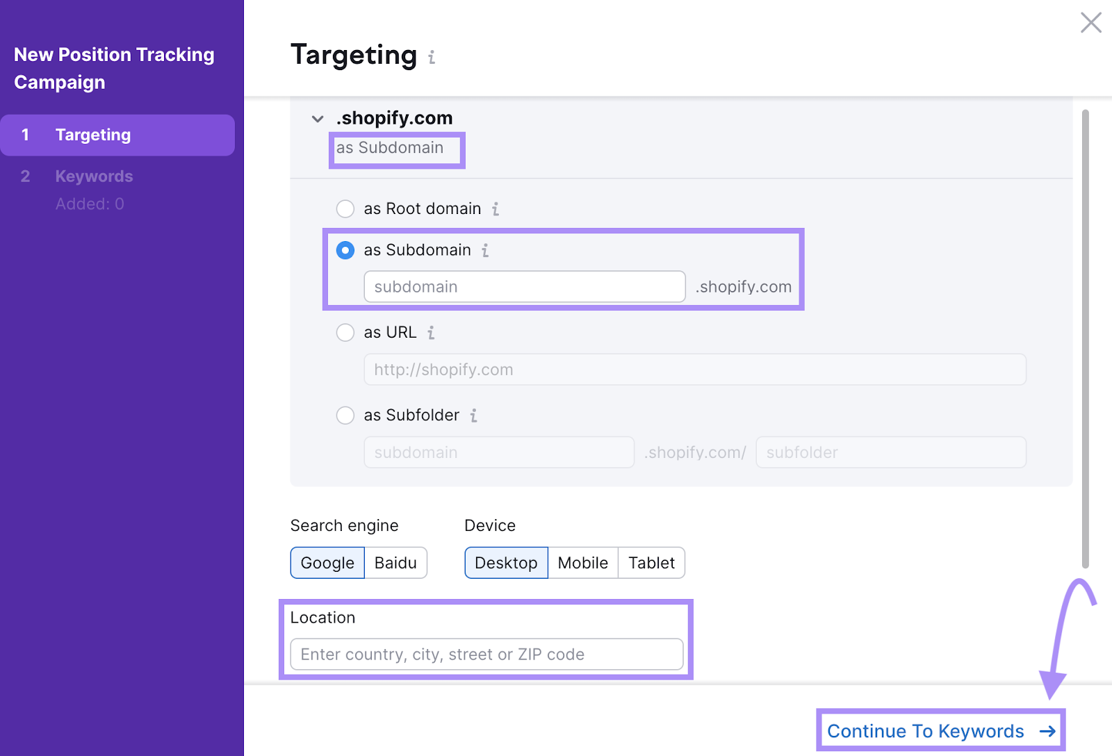 "Targeting" page in Position Tracking settings