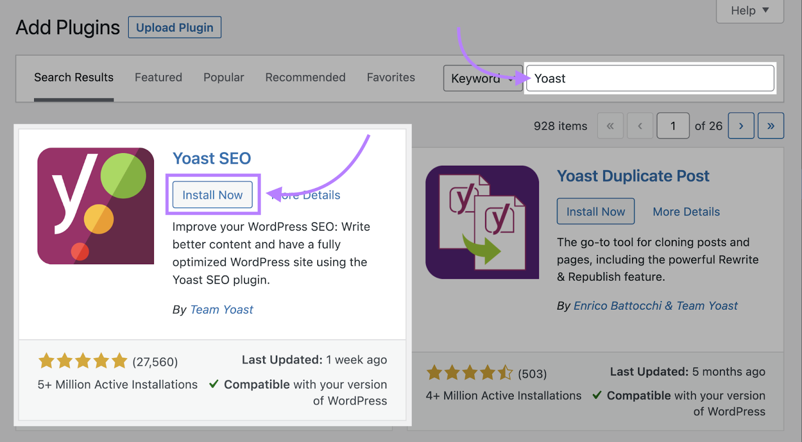 "Install Now" button selected under Yoast SEO