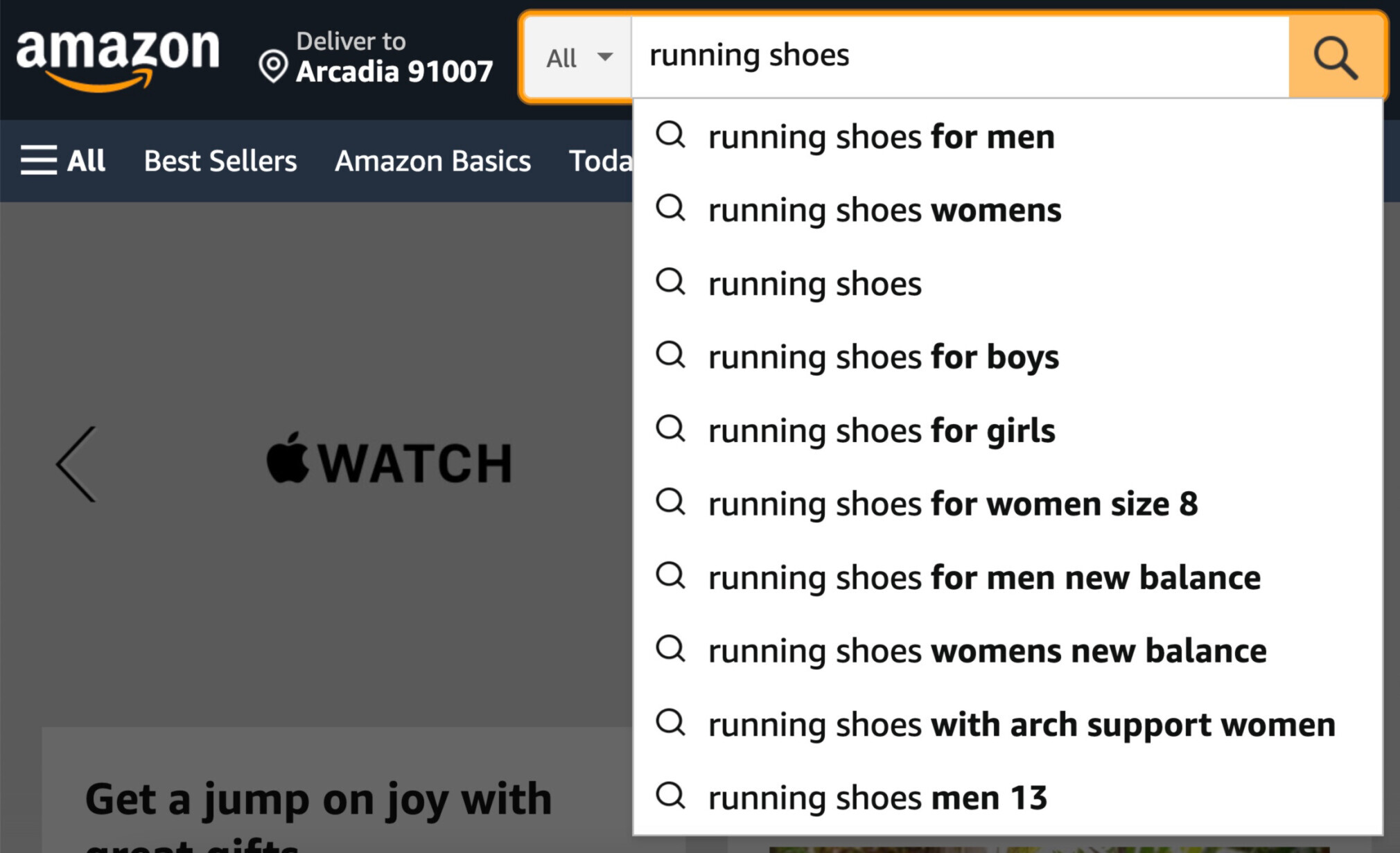Amazon search suggestions for the keyword "running shoes"