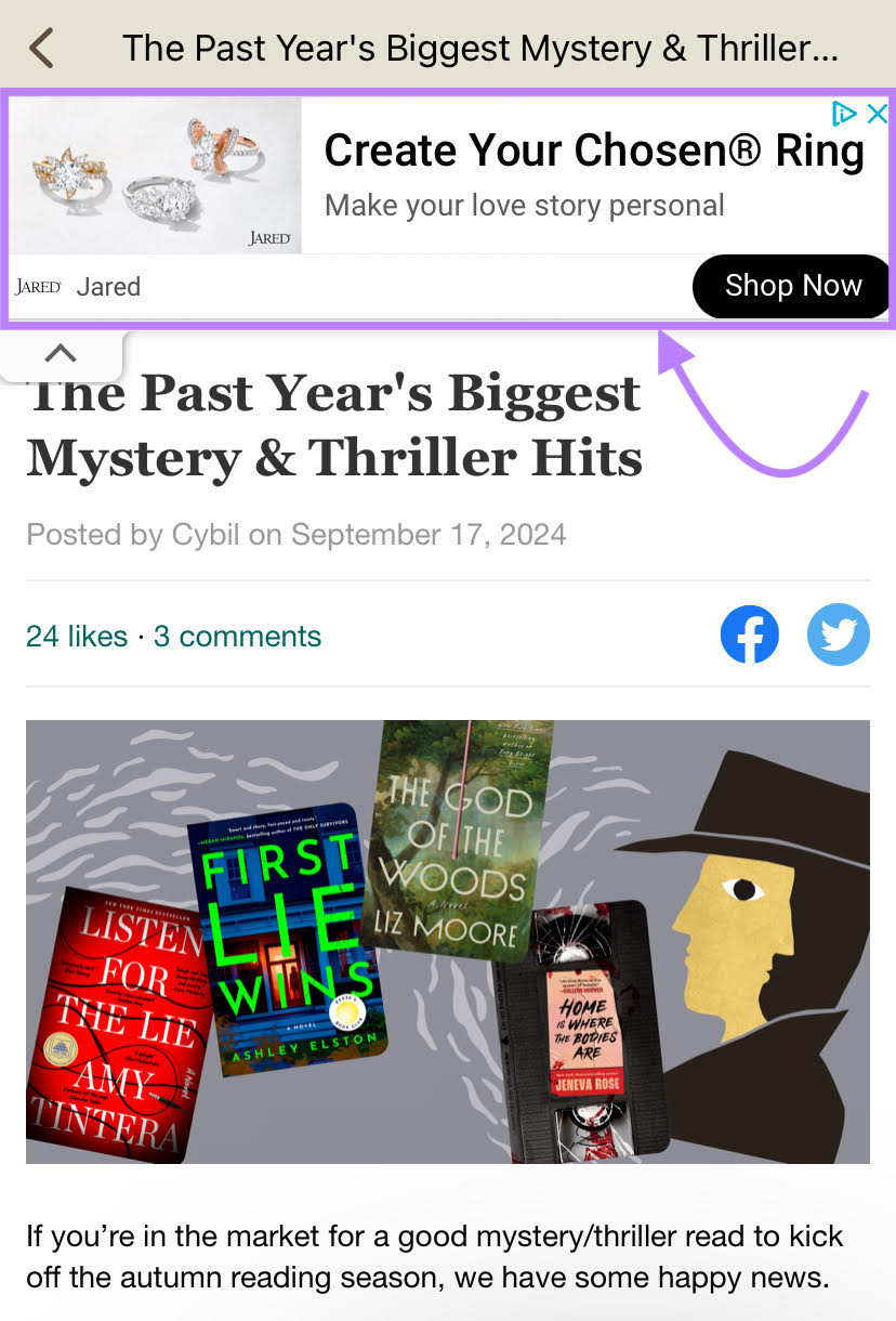 a banner ad for Jared diamond rings appears at the top of a page within the Goodreads app