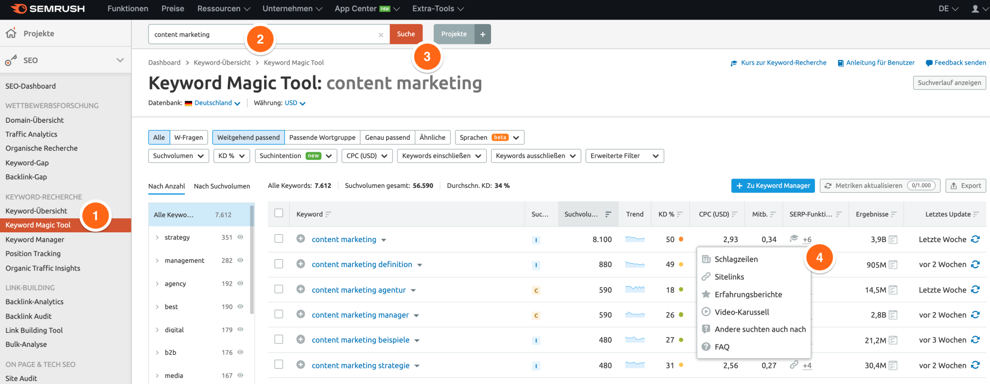 Semrush Keyword Magic Tool: Beispiel Content Marketing