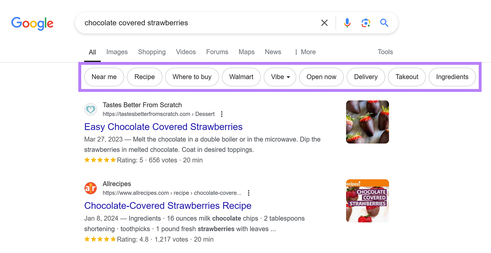 Google suggested topic bubbles highlighted for 'chocolate covered strawberries' search