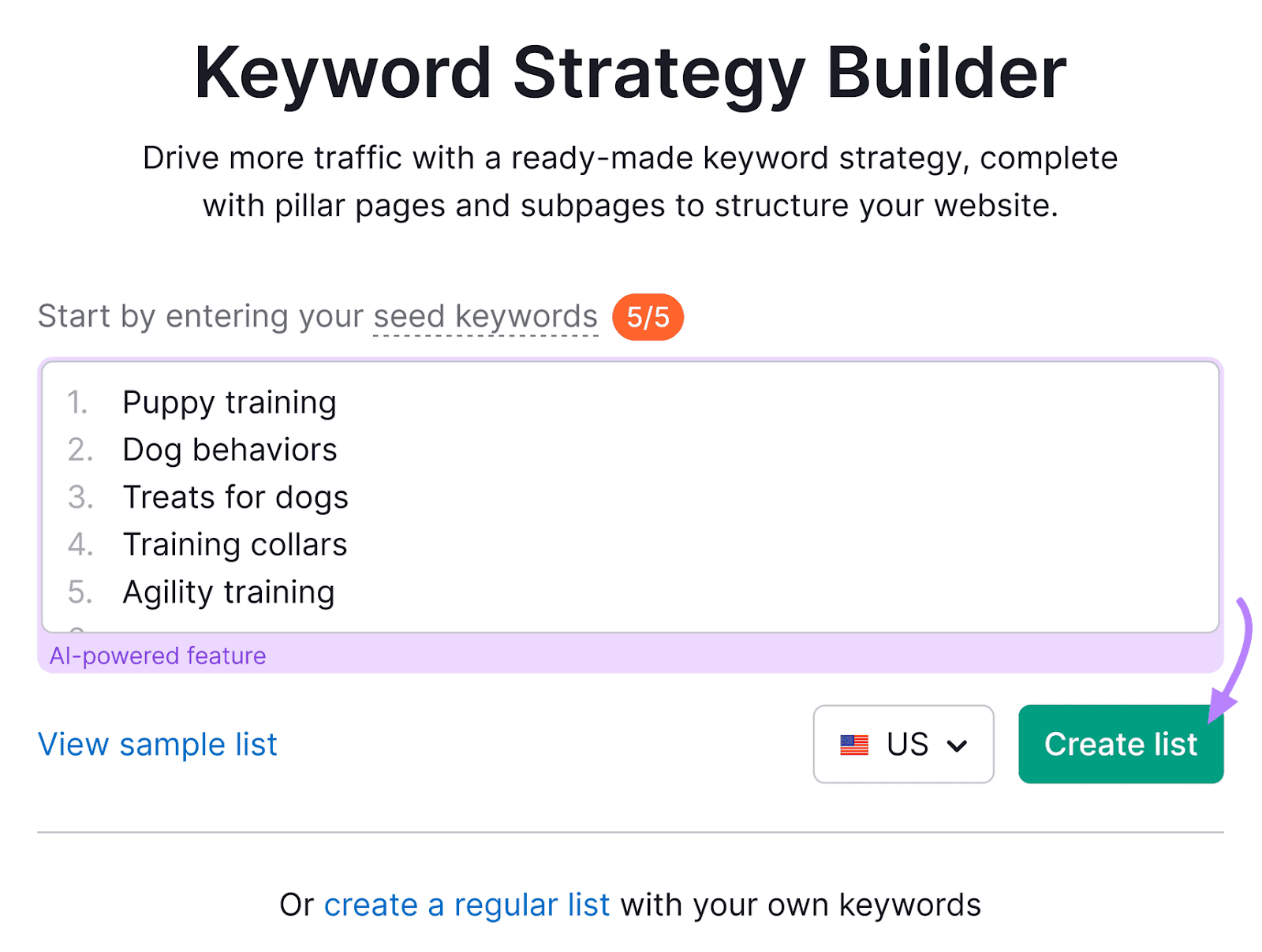Semrush's Keyword Strategy Builder tool interface with five seed keywords filled out and a 'Create list' button.