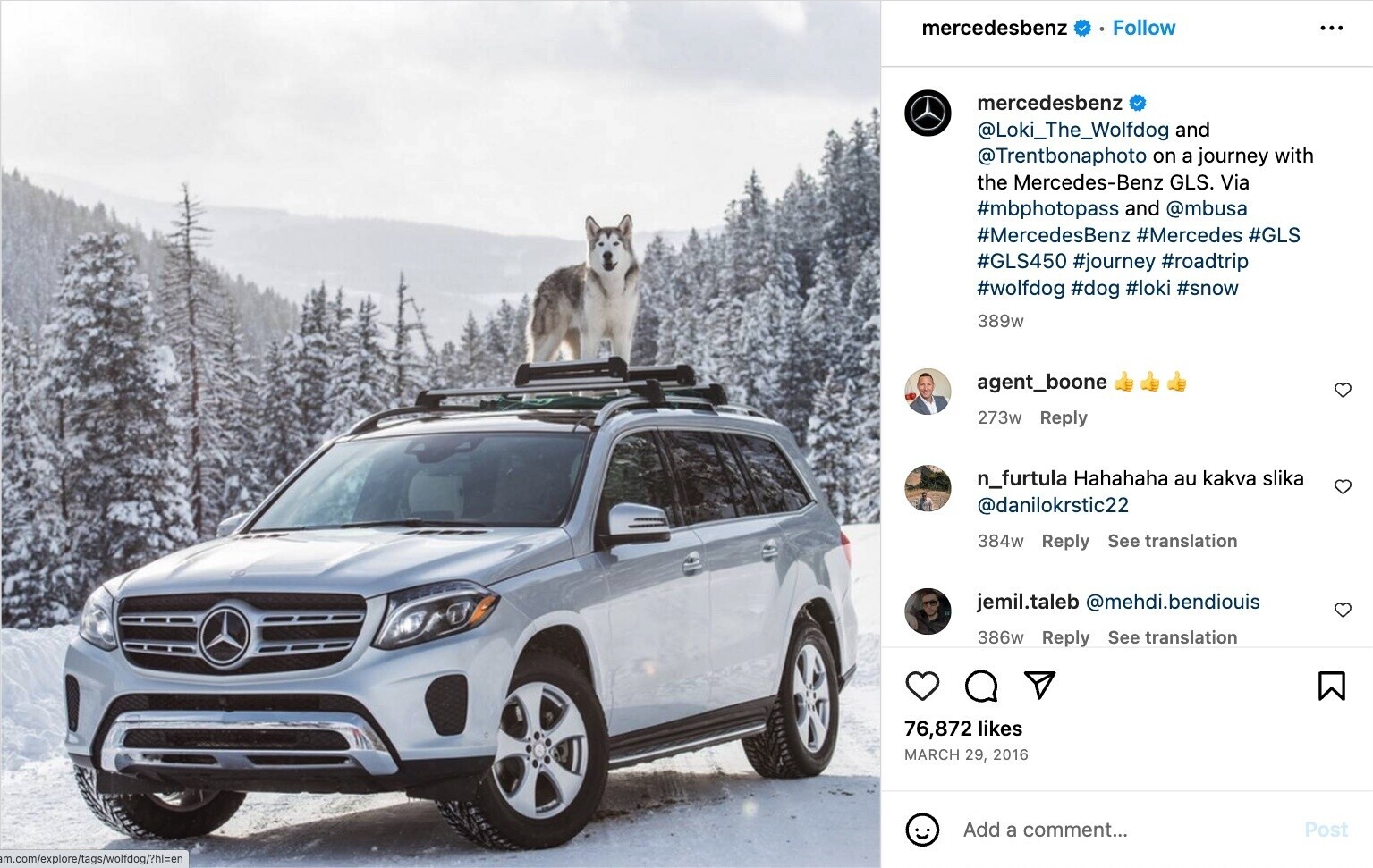 Instagram post with Mercedes-Benz GLS and Loki in snowy Colorado
