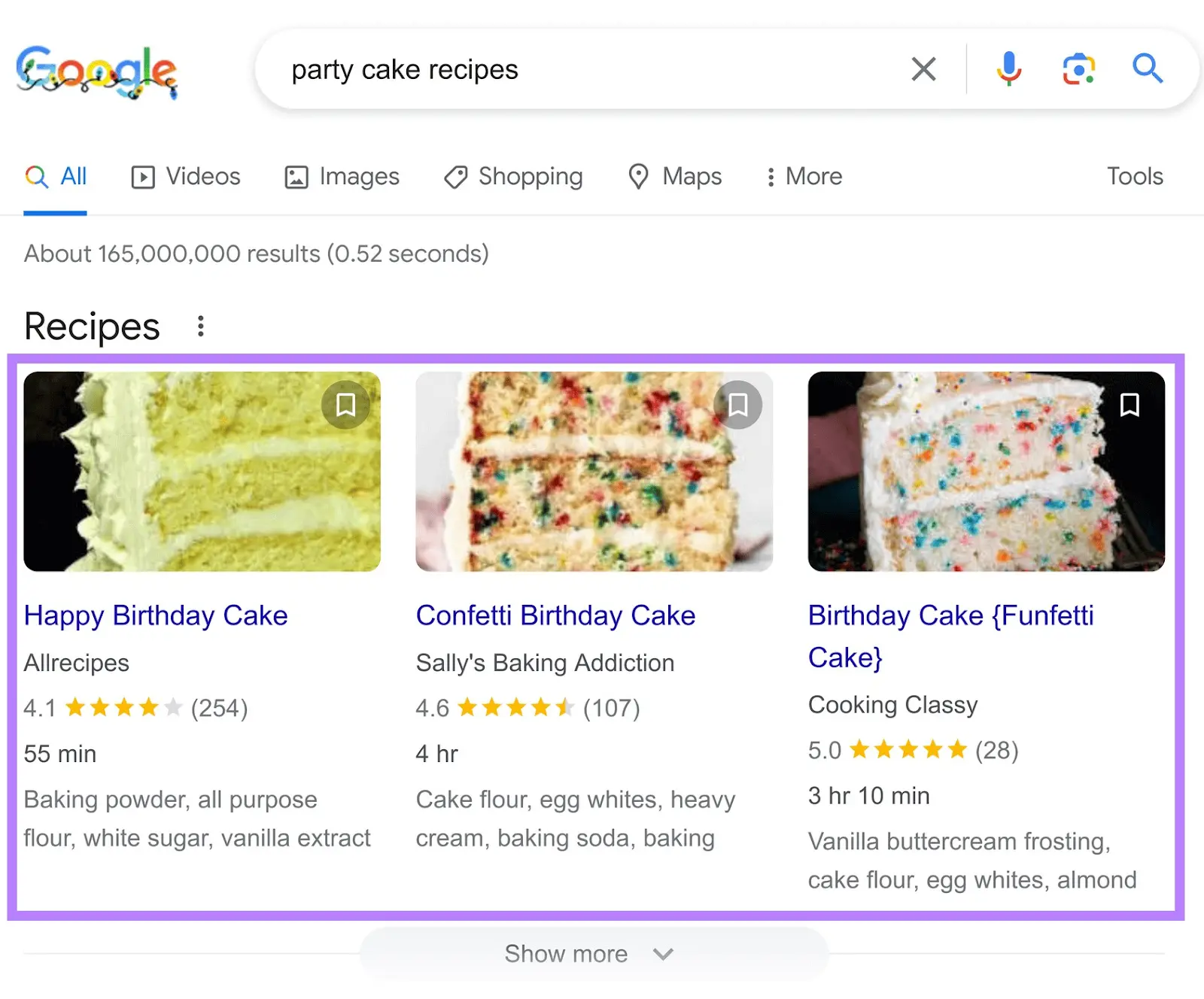 Recipe rich snippet shows three recipes for birthday cakes at the top of the SERP.