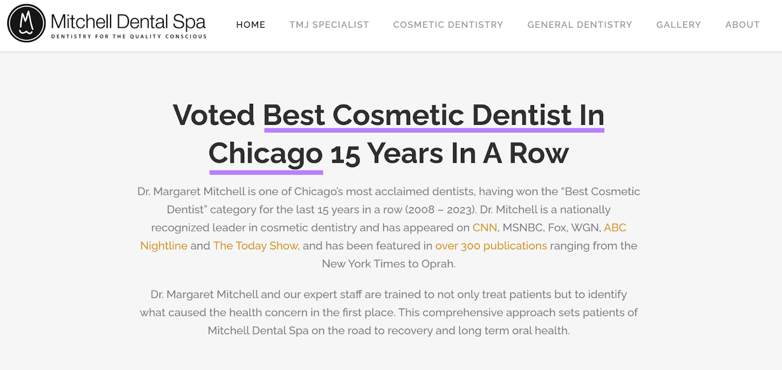 'Best Cosmetic Dentist in Chicago' highlighted on web page