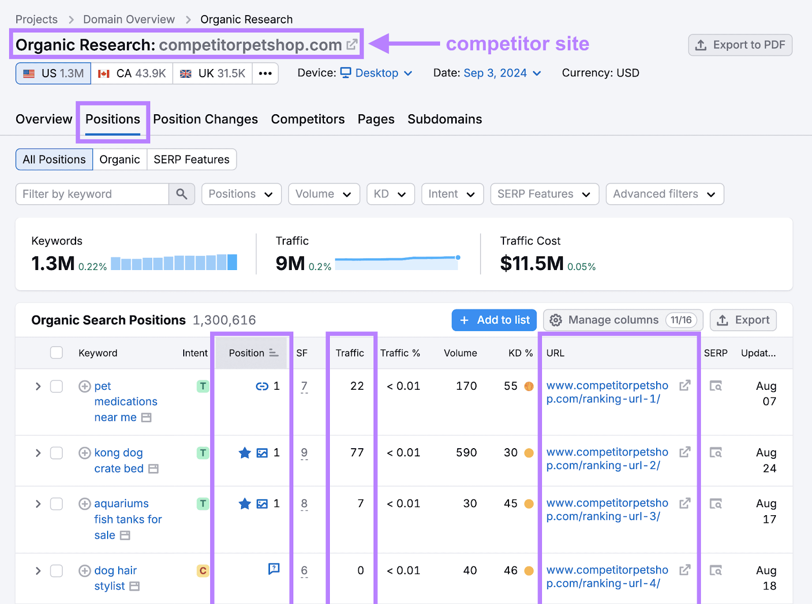 Organic Research's Positions report that shows a competitor site's top-ranking keywords