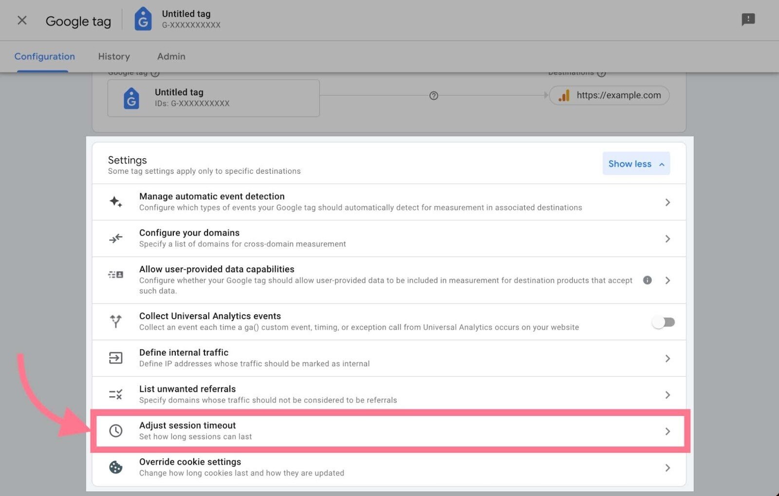 option d'ajustement du délai d'expiration de la session en surbrillance