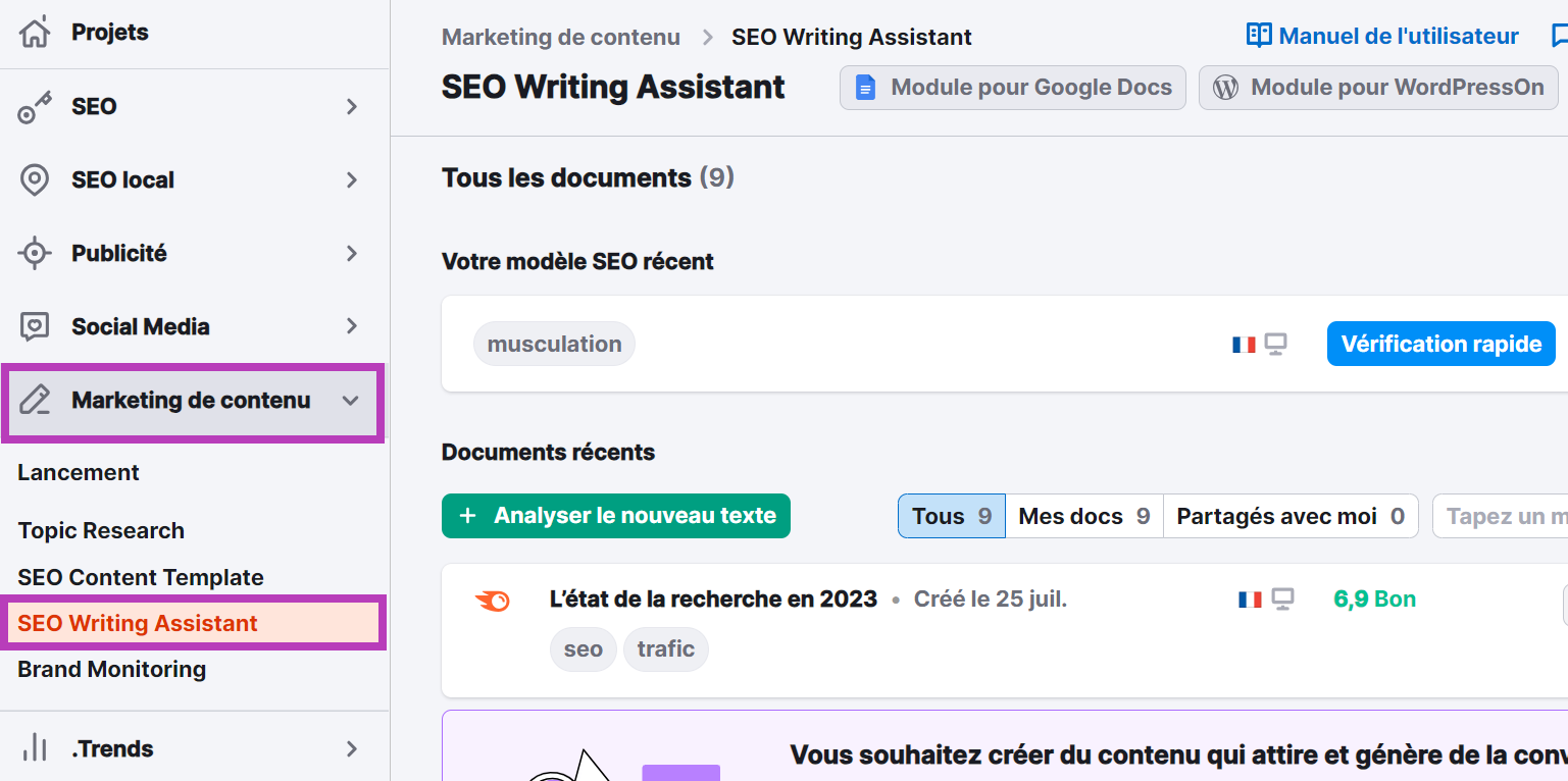 Comment trouver SEO Writing Assistant dans Semrush